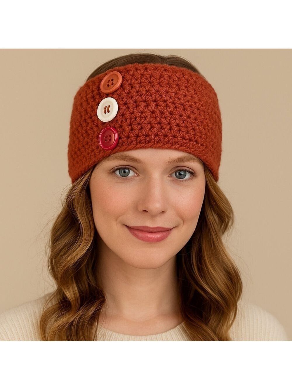 Handmade Red/orange Knit Buttons embellished Headband/Neck Warmer With 3 Decorat